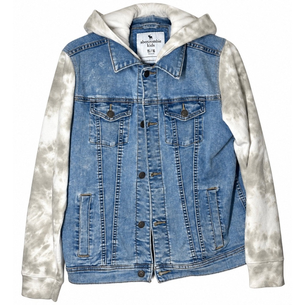 Abercrombie Blue Denim Jacket Grey Tie Dye Hooded Sleeve Preppy Skater
